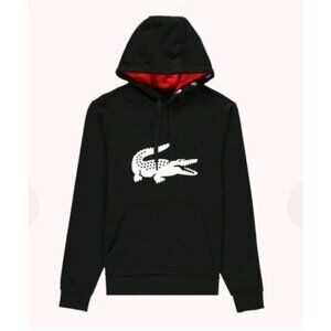 LACOSTE Sport Fleece Big Logo Hoodie Black Mens Size Medium